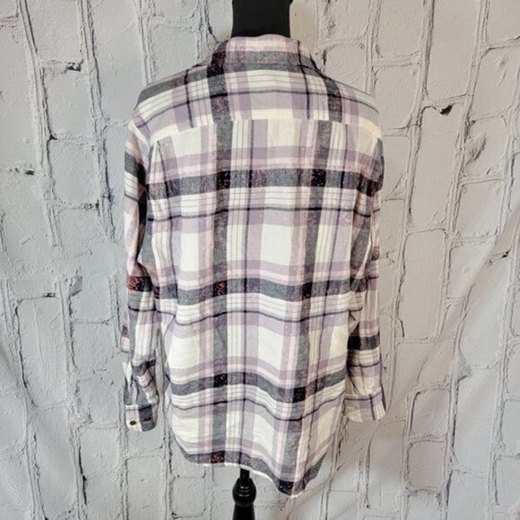 Lavender Purple Plaid Double Pocket Button Down Long Sleeve Bleach Splatter Sz L - Picture 5 of 7